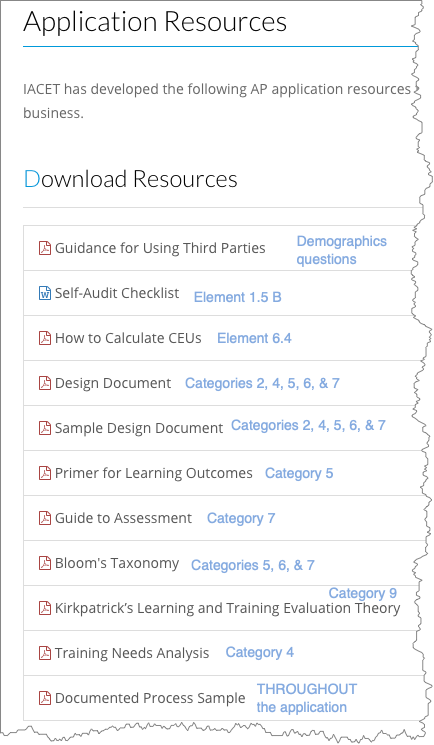 Screenshot of application resources