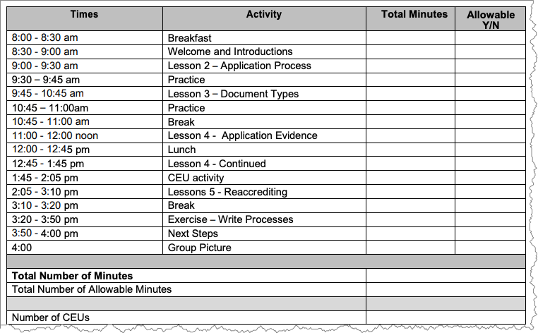Screenshot of worksheet that displays the schedule for a class