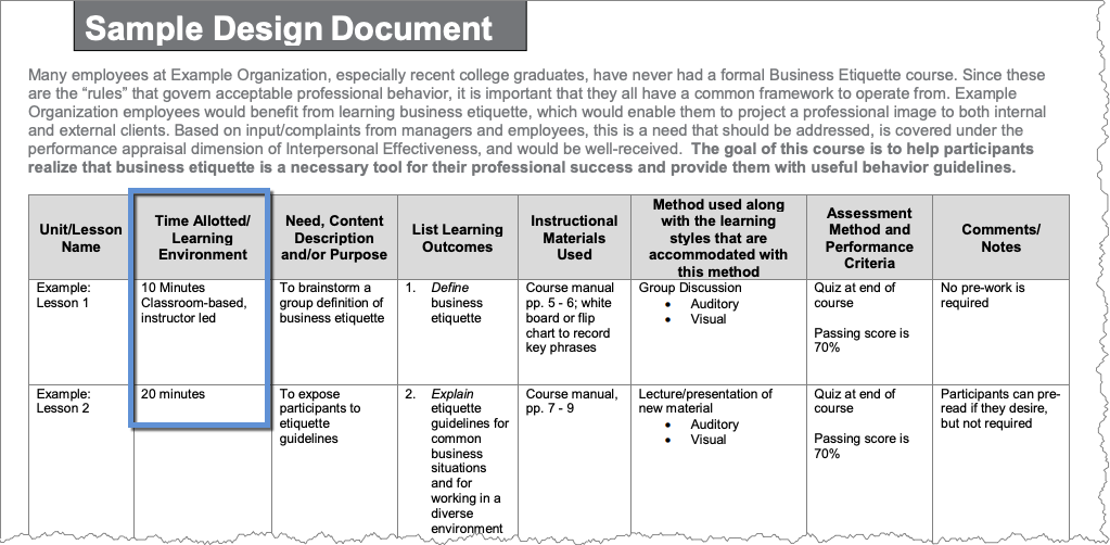 Screenshot of a sample design document